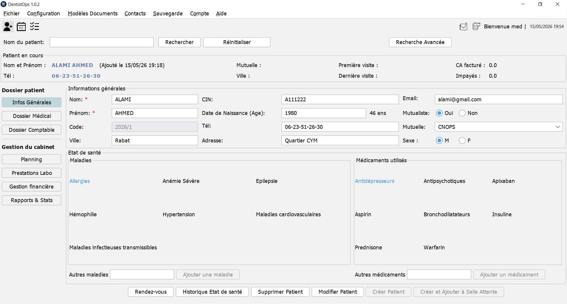 Interface du logiciel DentistOps – tableau de bord de gestion de cabinet dentaire au Maroc